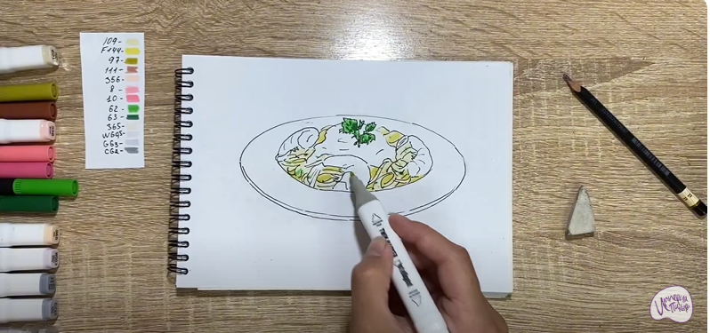 Рисуем Паста с креветками