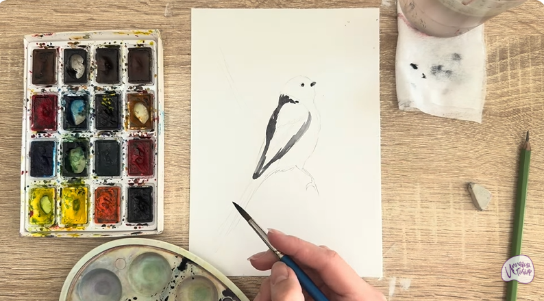 Рисуем Длиннохвостая синица