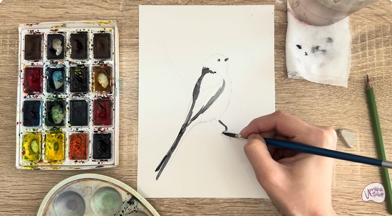 Рисуем Длиннохвостая синица