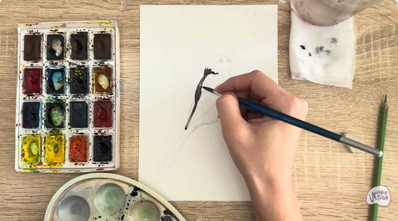 Рисуем Длиннохвостая синица