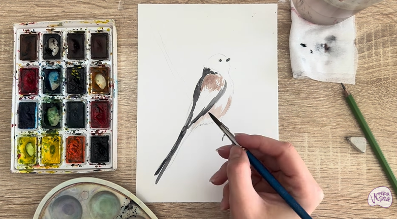 Рисуем Длиннохвостая синица