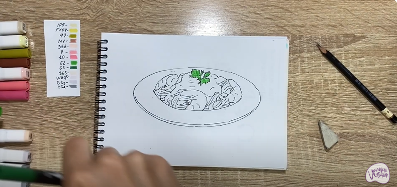 Рисуем Паста с креветками