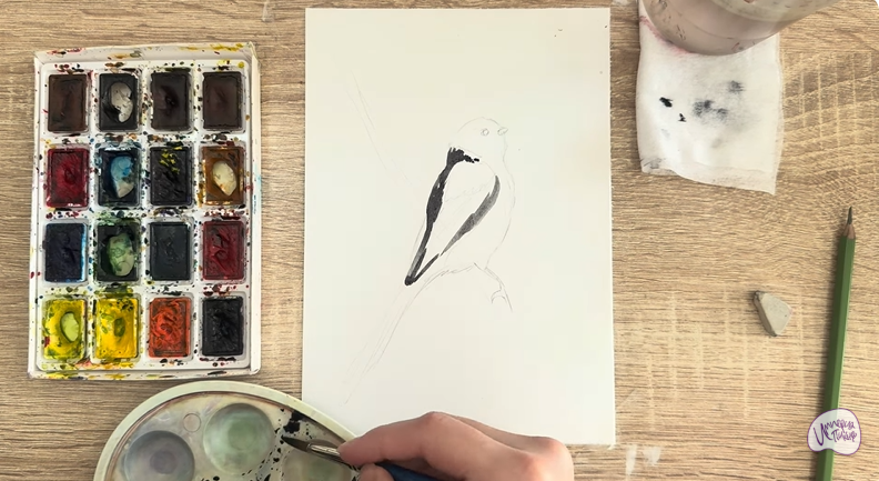 Рисуем Длиннохвостая синица