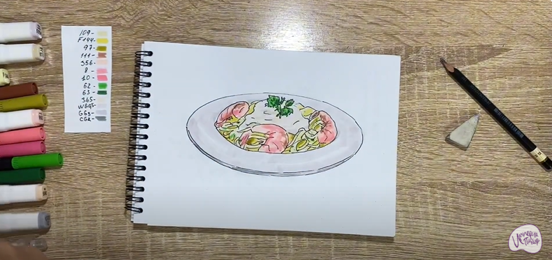 Рисуем Паста с креветками