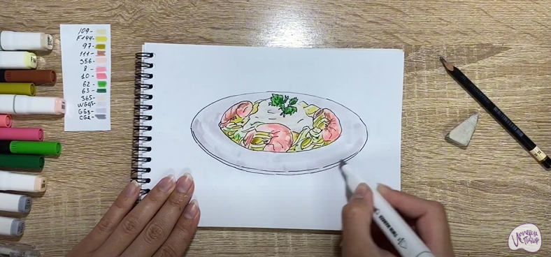 Рисуем Паста с креветками