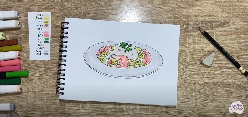 Рисуем Паста с креветками