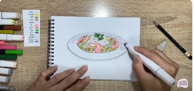 Рисуем Паста с креветками