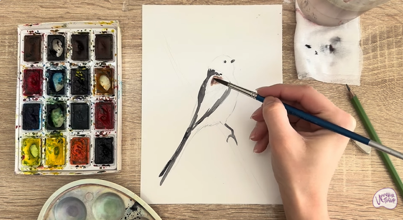 Рисуем Длиннохвостая синица