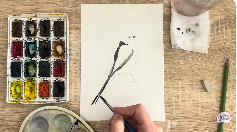 Рисуем Длиннохвостая синица